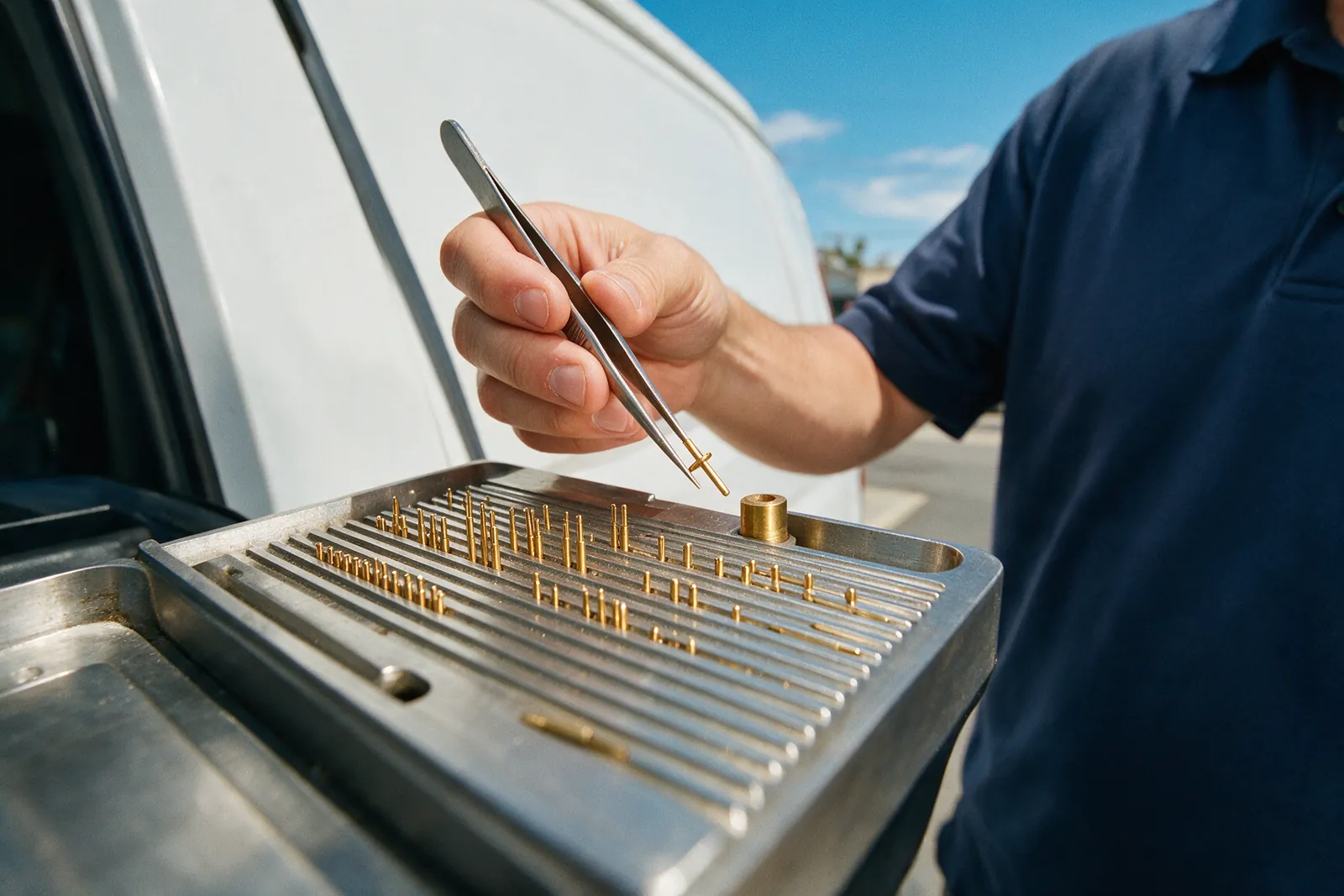 Lock picks fanned on a workbench roll, one held between finger and thumb